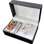 LUKSUZNI SET, ženska ura, verižica, zapestnica, uhani in prsta, rožnato zlata