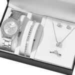 LUKSUZNI SET, ženska ura, verižica, zapestnica, uhani in prstan, srebrna