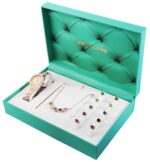 EXCELLANC 3 DELNI SET, ženska ura, verižica,  5 x uhani - rožnato zlata z barvnimi kristali