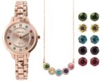 EXCELLANC 3 DELNI SET, ženska ura, verižica,  5 x uhani - rožnato zlata z barvnimi kristali - slika 2