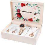 EXCELLANC 3 DELNI SET, ženska ura, verižica,  uhani - rožnato zlata